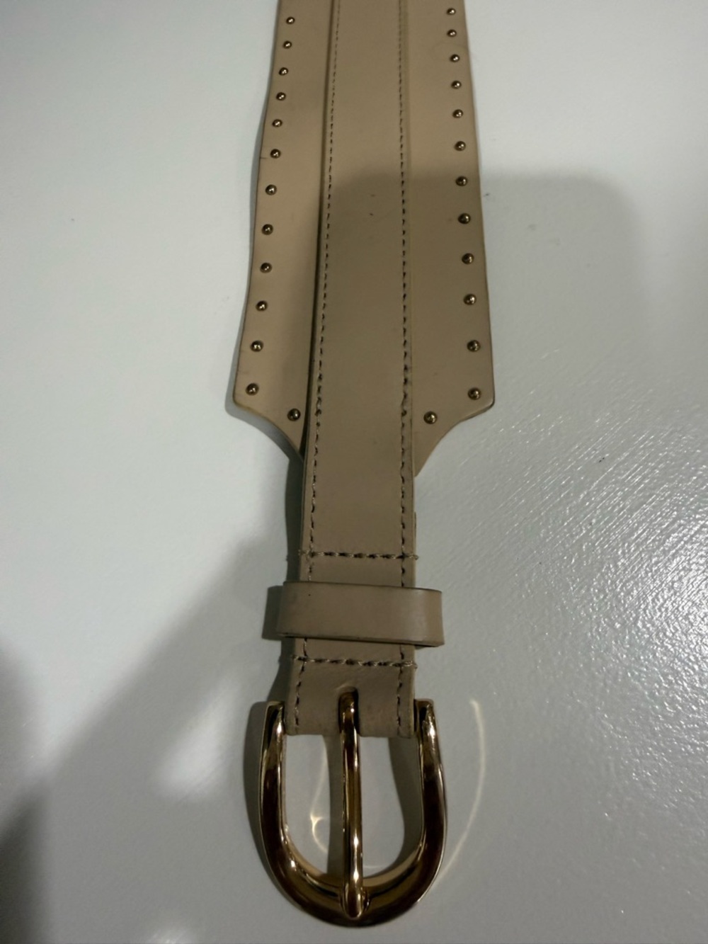 LOFT Taupe Wide Leather Belt with Gold Buckle